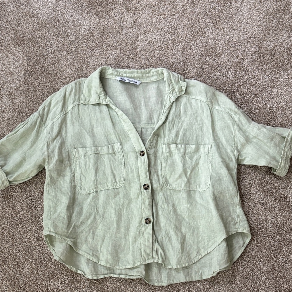 Sage Green Linen Shirt with Pockets